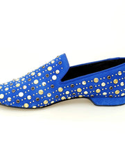 Carica immagine nella Galleria, Jack Sparrow Pirata (800PW) - Mocassino da Uomo in Camoscio Blu Royal con Borchie Oro e Swarovski Neri Incastonati
