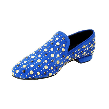 Scarpa mocassino Jack Sparrow Pirata Wish Dance Shop in camoscio blu royal con borchie dorate e Swarovski neri.