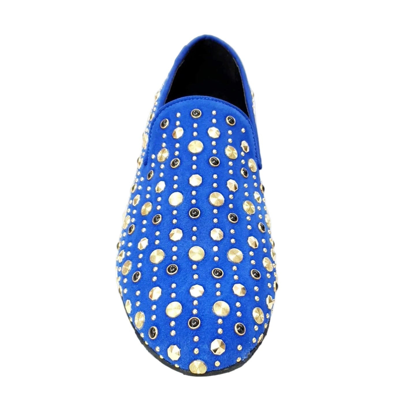 Scarpa mocassino Jack Sparrow in camoscio blu royal con borchie dorate e Swarovski neri, da uomo, marca Wish Dance Shop.