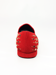 Load image into Gallery viewer, Wish Dance Shop Mocassino Jack Sparrow in Camoscio Rosso Swarovski Neri incastonati con Borchie grandi e piccole dorate
