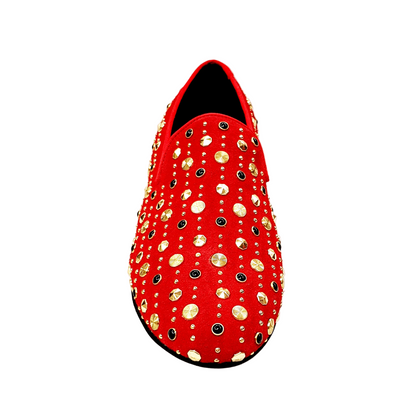 Mocassino Jack Sparrow Pirata Wish Dance Shop in camoscio rosso con borchie dorate e Swarovski neri incastonati, scarpa da uomo elegante