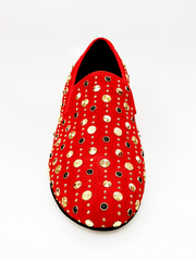 Load image into Gallery viewer, Wish Dance Shop Mocassino Jack Sparrow in Camoscio Rosso Swarovski Neri incastonati con Borchie grandi e piccole dorate
