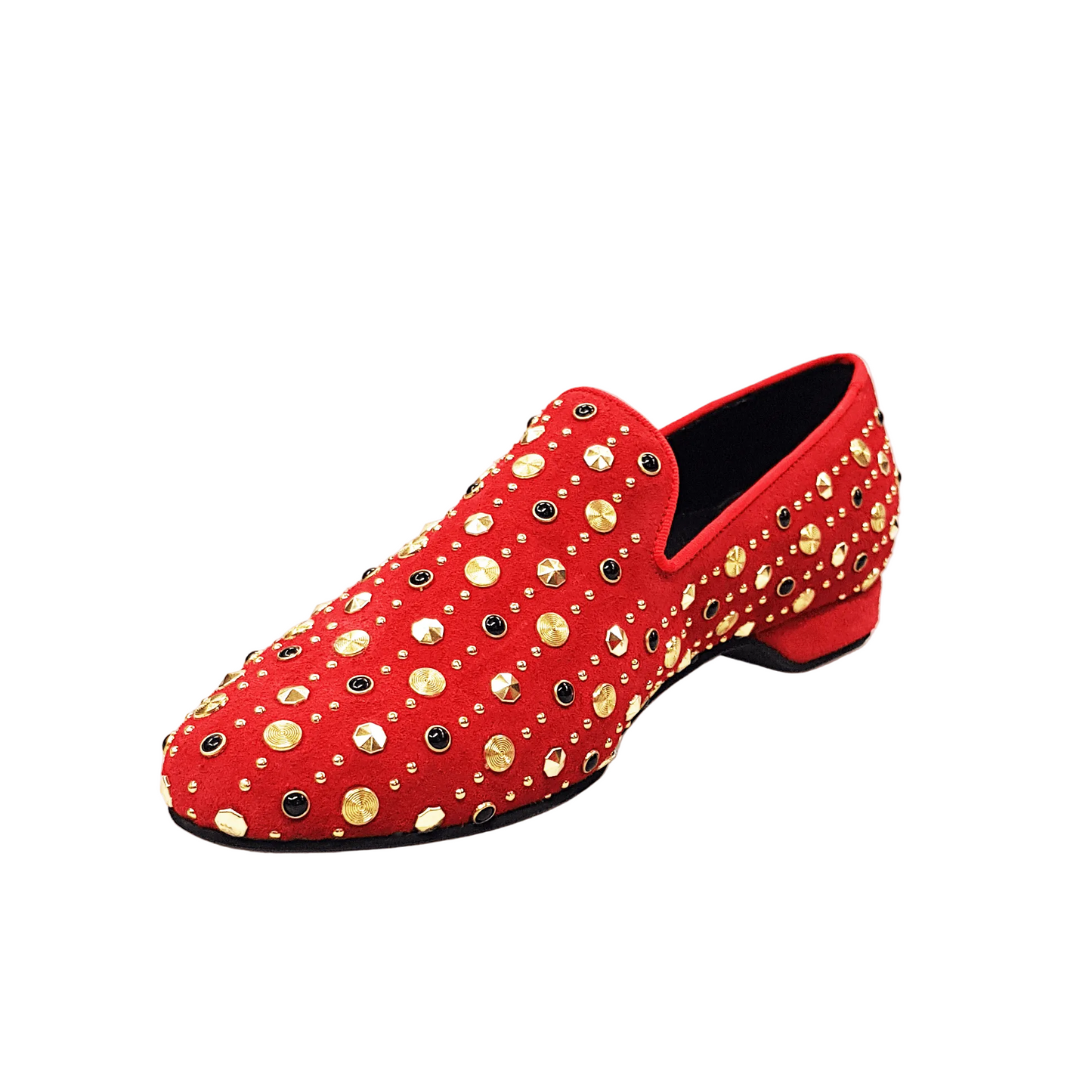 Scarpa mocassino Jack Sparrow Pirata Wish Dance Shop in camoscio rosso con borchie dorate e Swarovski neri incastonati
