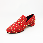 Load image into Gallery viewer, Wish Dance Shop Mocassino Jack Sparrow in Camoscio Rosso Swarovski Neri incastonati con Borchie grandi e piccole dorate
