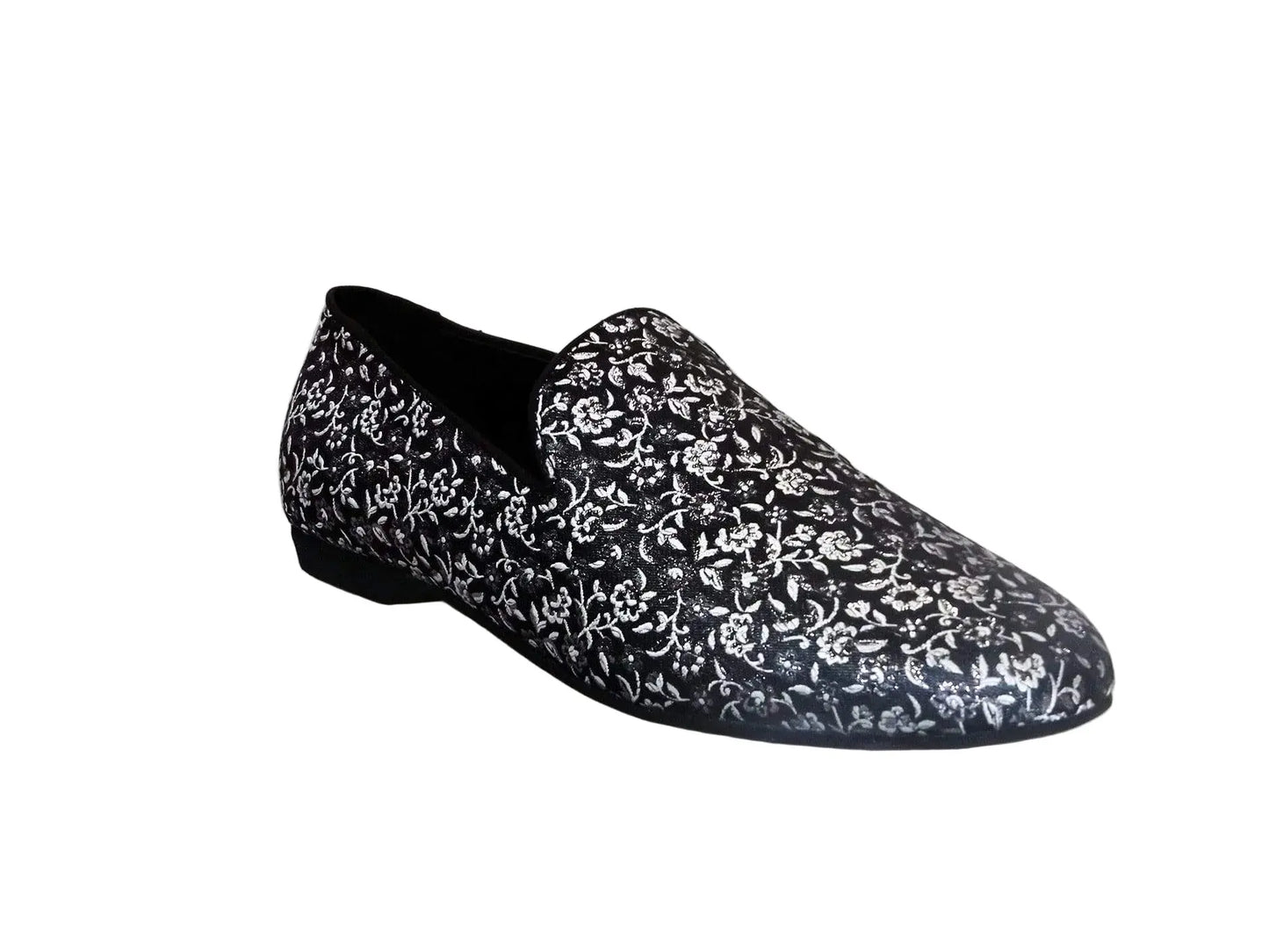 Mocassino da uomo Serse (800) in tessuto fiorato veneziano color argento, stile elegante e sofisticato.