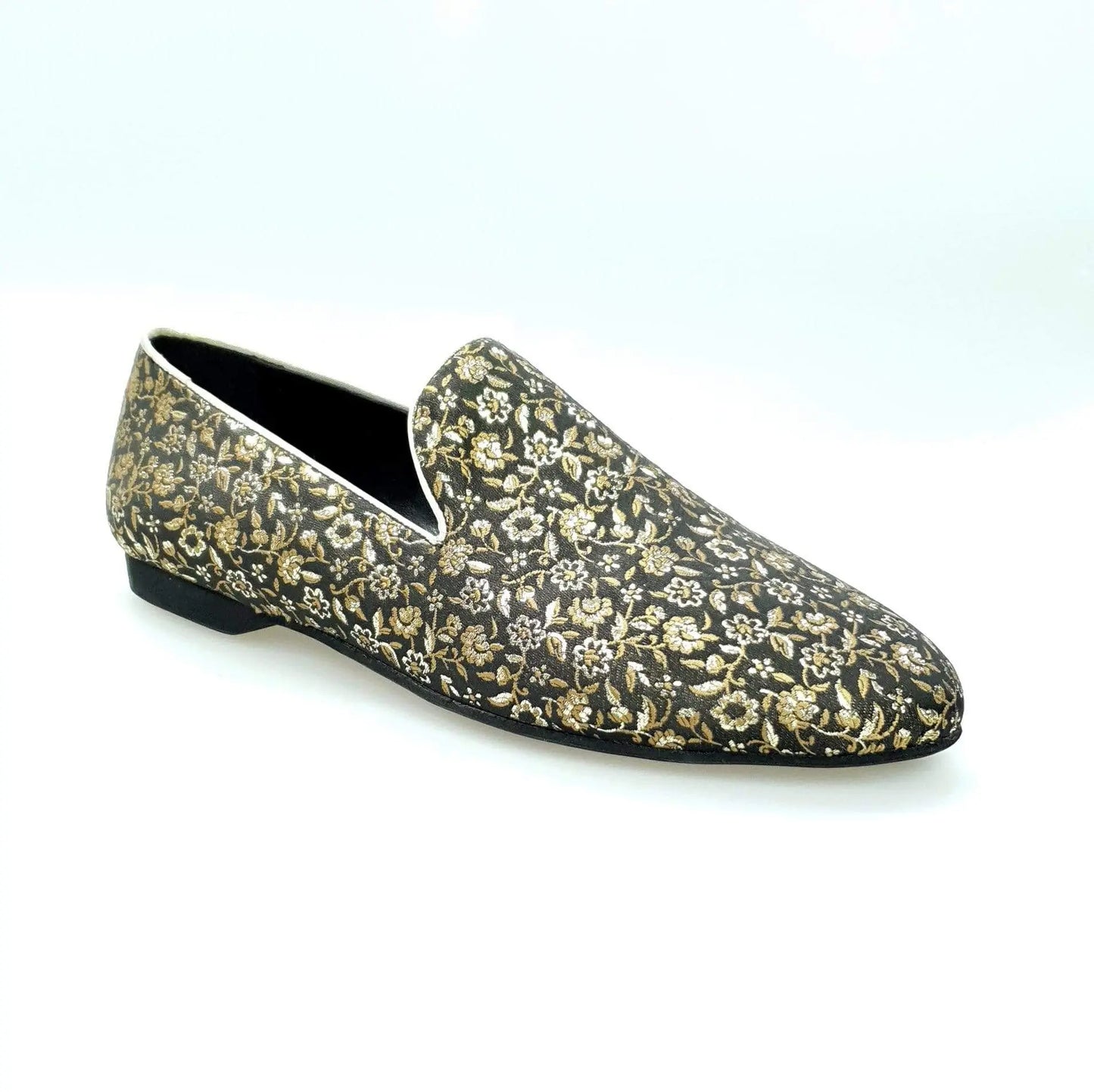Mocassino da uomo Serse (800) in tessuto fiorato veneziano oro, scarpa elegante di Wish Dance Shop.