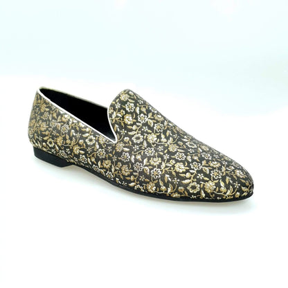 Mocassino da uomo Serse (800) in tessuto fiorato veneziano oro, scarpa elegante di Wish Dance Shop.