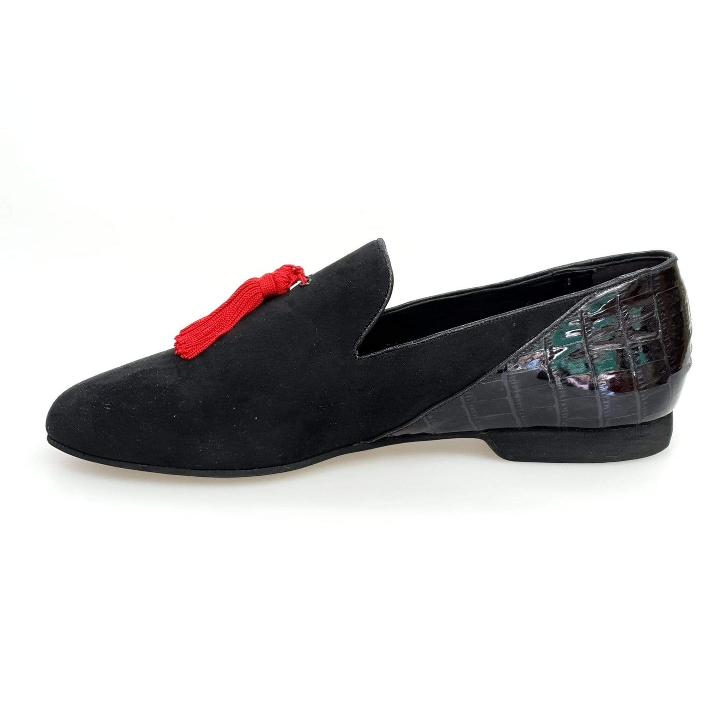 Mocassino da uomo Nathan (800B) in camoscio nero con pom pom rosso e tallone in cocco nero, scarpa elegante Wish Dance Shop