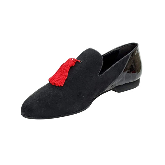 Mocassino uomo Nathan (800B) in camoscio nero con pompon rosso, tallone in cocco nero, scarpa elegante Wish Dance Shop
