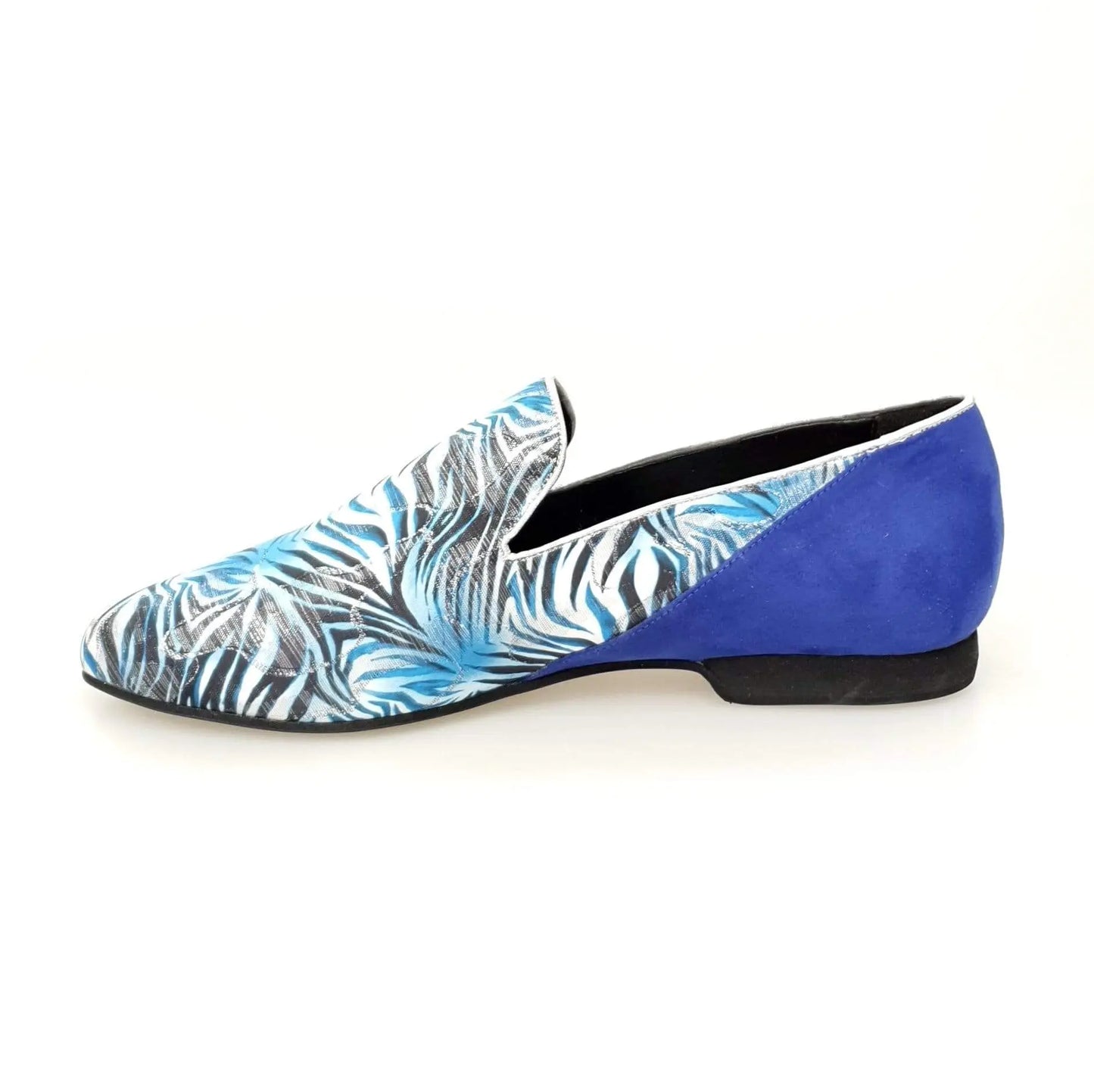 Scarpa mocassino da uomo Serse (800B) in giungla blu con tallone in camoscio blu, Wish Dance Shop, vista laterale.