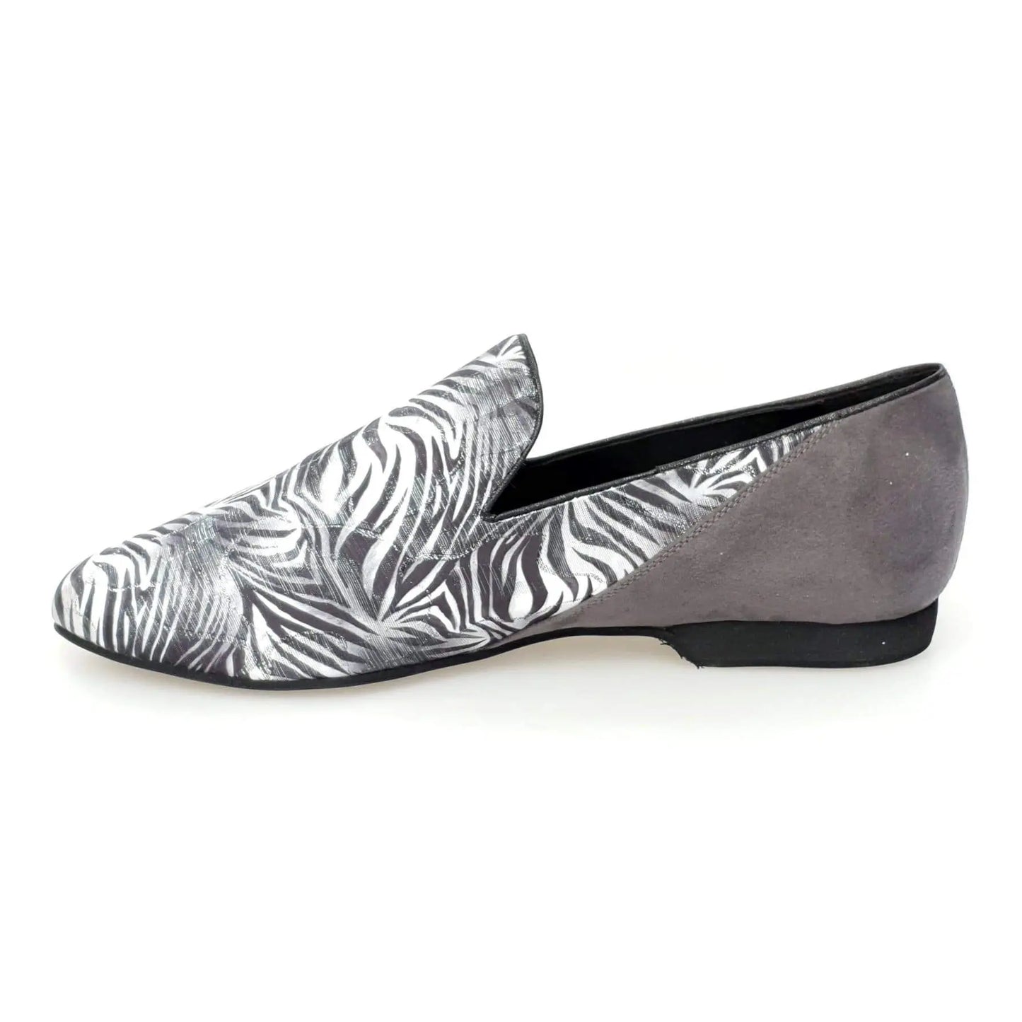 Mocassino da uomo Wish Dance Shop, tessuto fantasia giungla grigia con tallone in camoscio grigio, scarpa elegante e casual.
