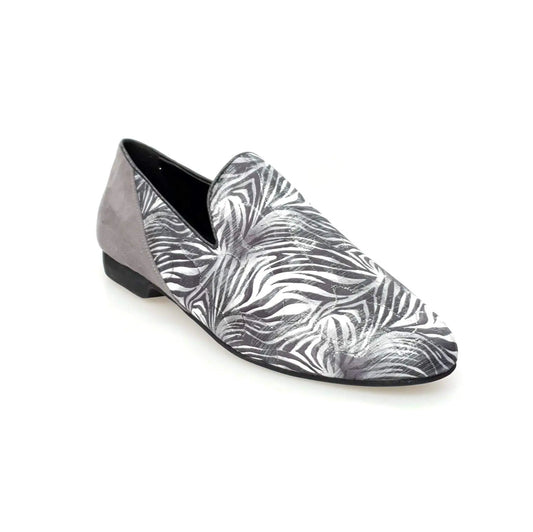 Mocassino da Uomo in Tessuto Lavorato a Fantasia Giungla Grigio e Tallone in Camoscio Grigio Serse Wish Dance, vista laterale