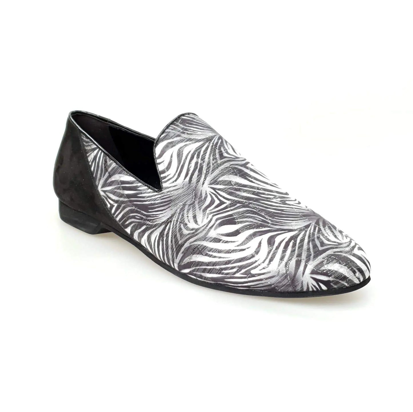Mocassino da uomo Serse (800B) in tessuto fantasia giungla grigia con tallone in camoscio nero, scarpa Wish Dance Shop.