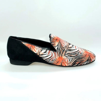 Mocassino da uomo Serse (800B) in tessuto fantasia giungla rossa con tallone in camoscio nero, Wish Dance Shop