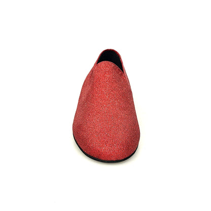 Scarpa mocassino da uomo Wish Dance Shop in glitter rosso, elegante e brillante, con suola in gomma e design classico.