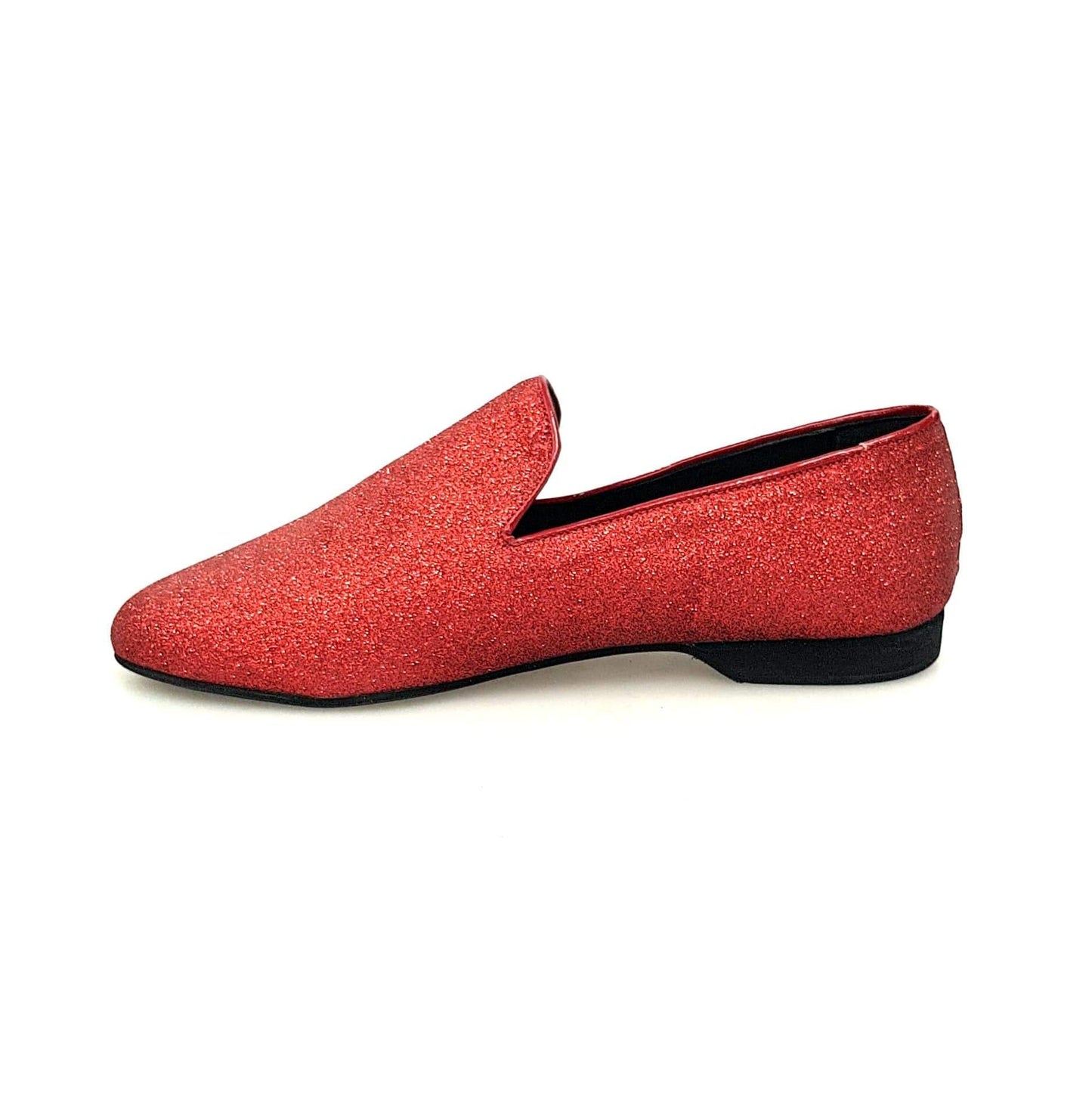 Scarpa mocassino da uomo Wish Dance Shop in glitter rosso, elegante e brillante, con suola in gomma e design moderno.