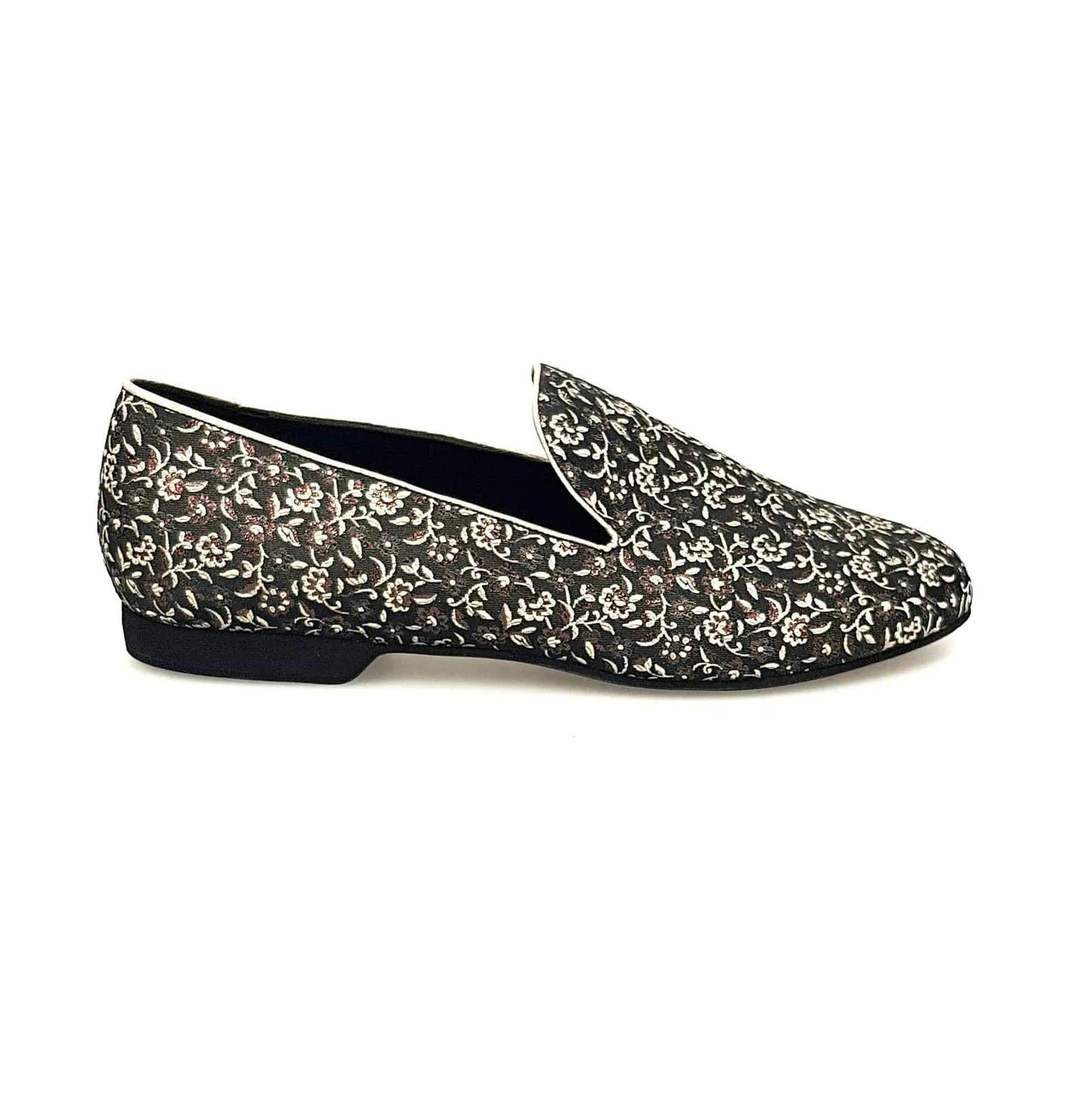 Scarpa mocassino da uomo Serse (800) in tessuto veneziano fiorato marrone, con suola in gomma, prodotto da Wish Dance Shop