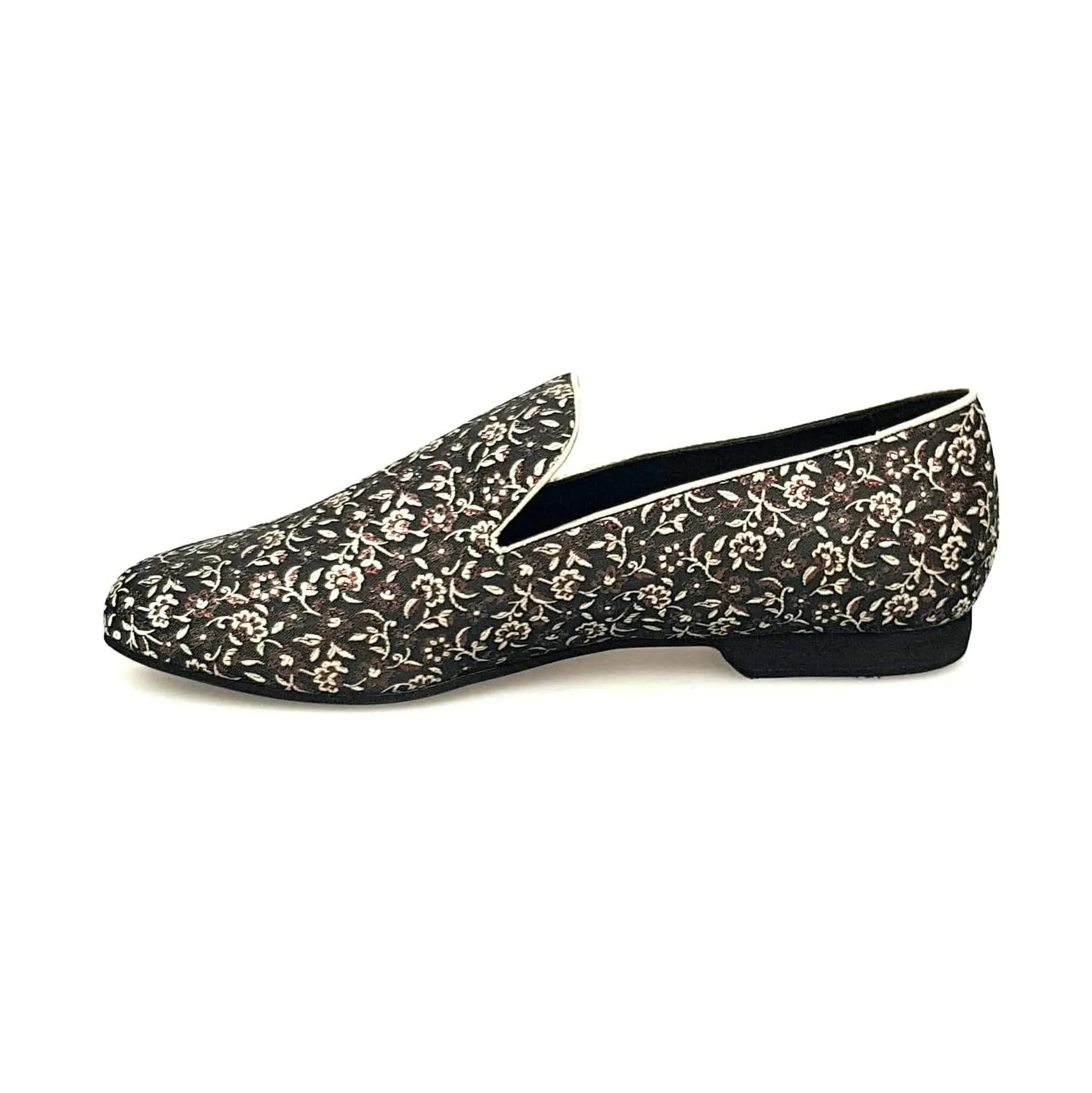 Mocassino da uomo Serse (800) in tessuto veneziano fiorato color marrone, scarpa elegante Wish Dance Shop.