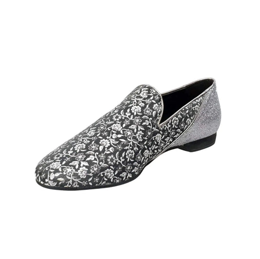 Scarpa da uomo Serse (800B) in tessuto veneziano grigio con tallone in glitter carbon, mocassino elegante e moderno.