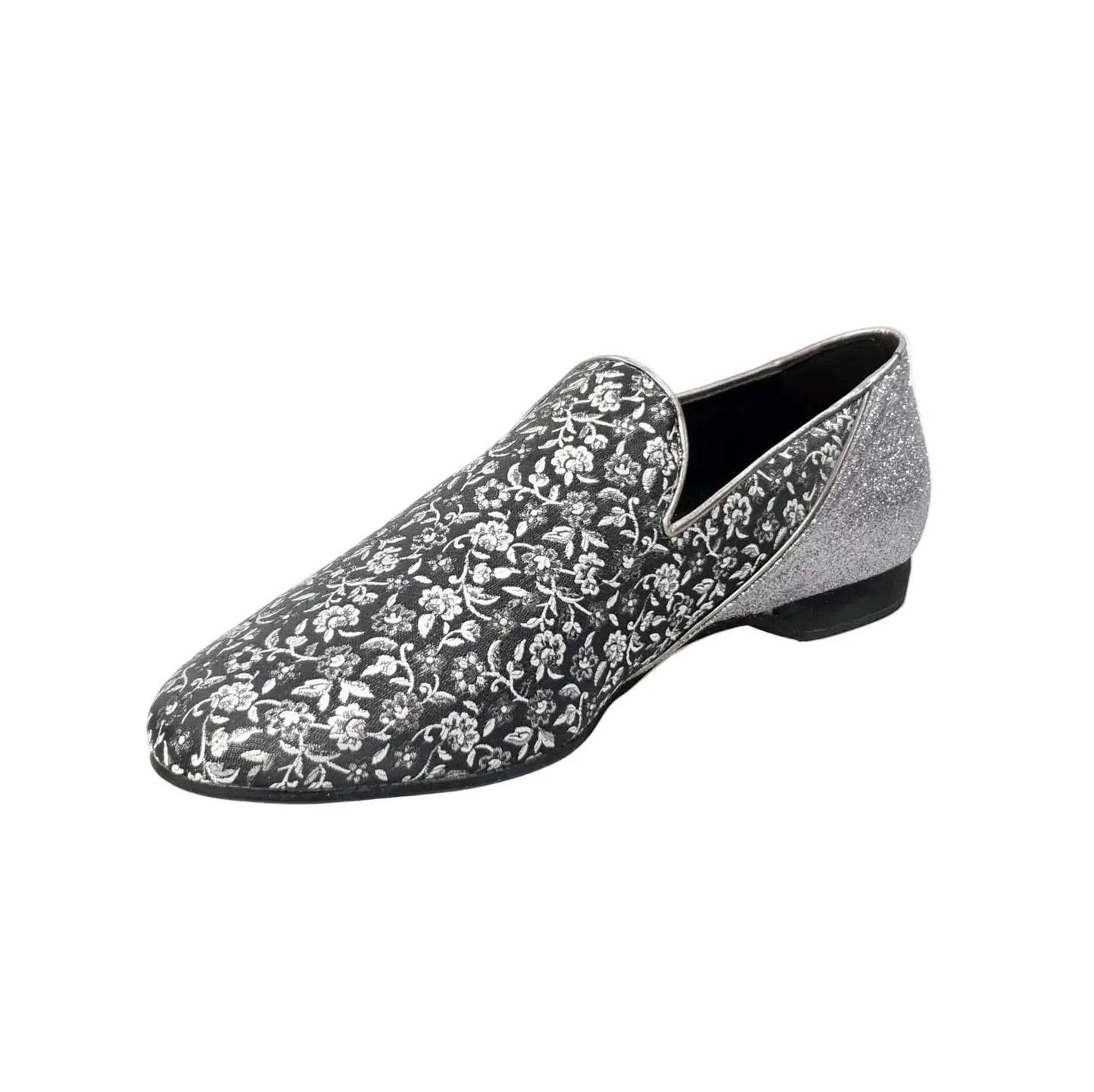 Scarpa da uomo Serse (800B) in tessuto veneziano grigio con tallone in glitter carbon, mocassino elegante e moderno.