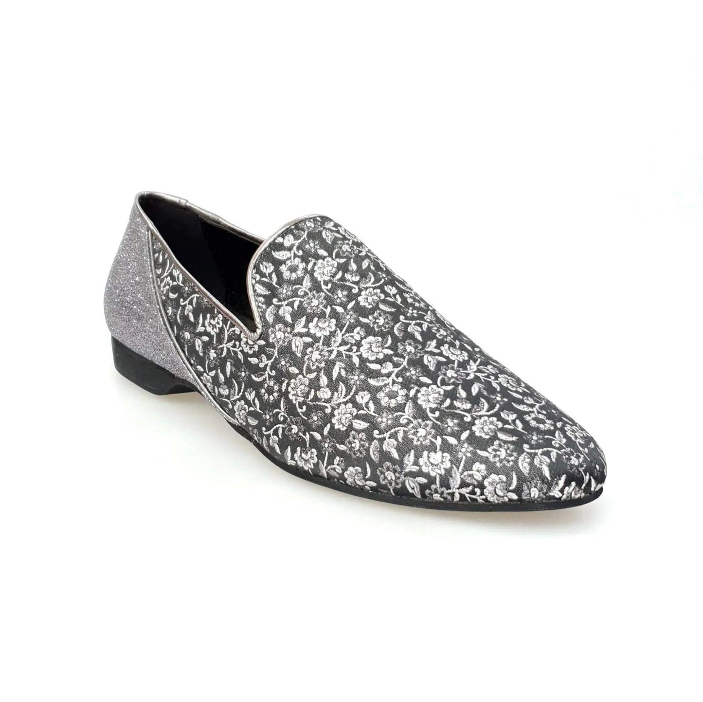 Scarpa da uomo Serse (800B) in tessuto veneziano grigio con tallone in glitter carbon, mocassino elegante e alla moda.