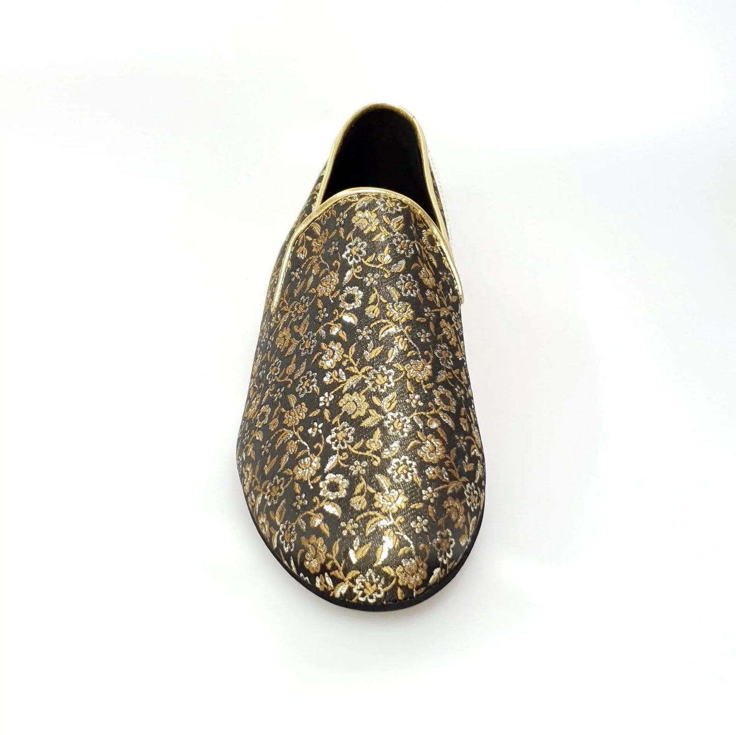 Scarpa mocassino da uomo Serse (800B) in tessuto veneziano fiorato oro con tallone lurex oro, stile elegante e raffinato