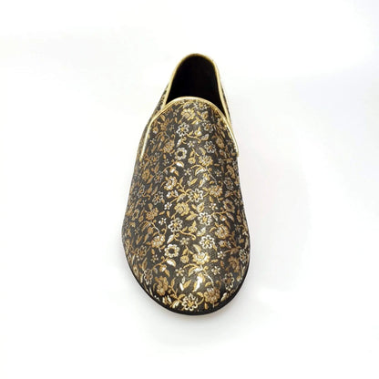 Scarpa mocassino da uomo Serse (800B) in tessuto veneziano fiorato oro con tallone lurex oro, stile elegante e raffinato