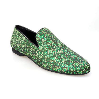 Scarpa mocassino da uomo Wish Dance Shop in tessuto veneziano fiorato verde chiaro, suola in gomma, stile elegante e confortevole