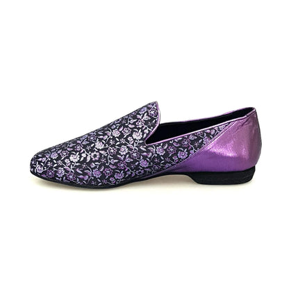 Scarpa mocassino da uomo Serse (800B) in tessuto viola con dettaglio veneziano e tallone lurex viola, marca Wish Dance Shop.
