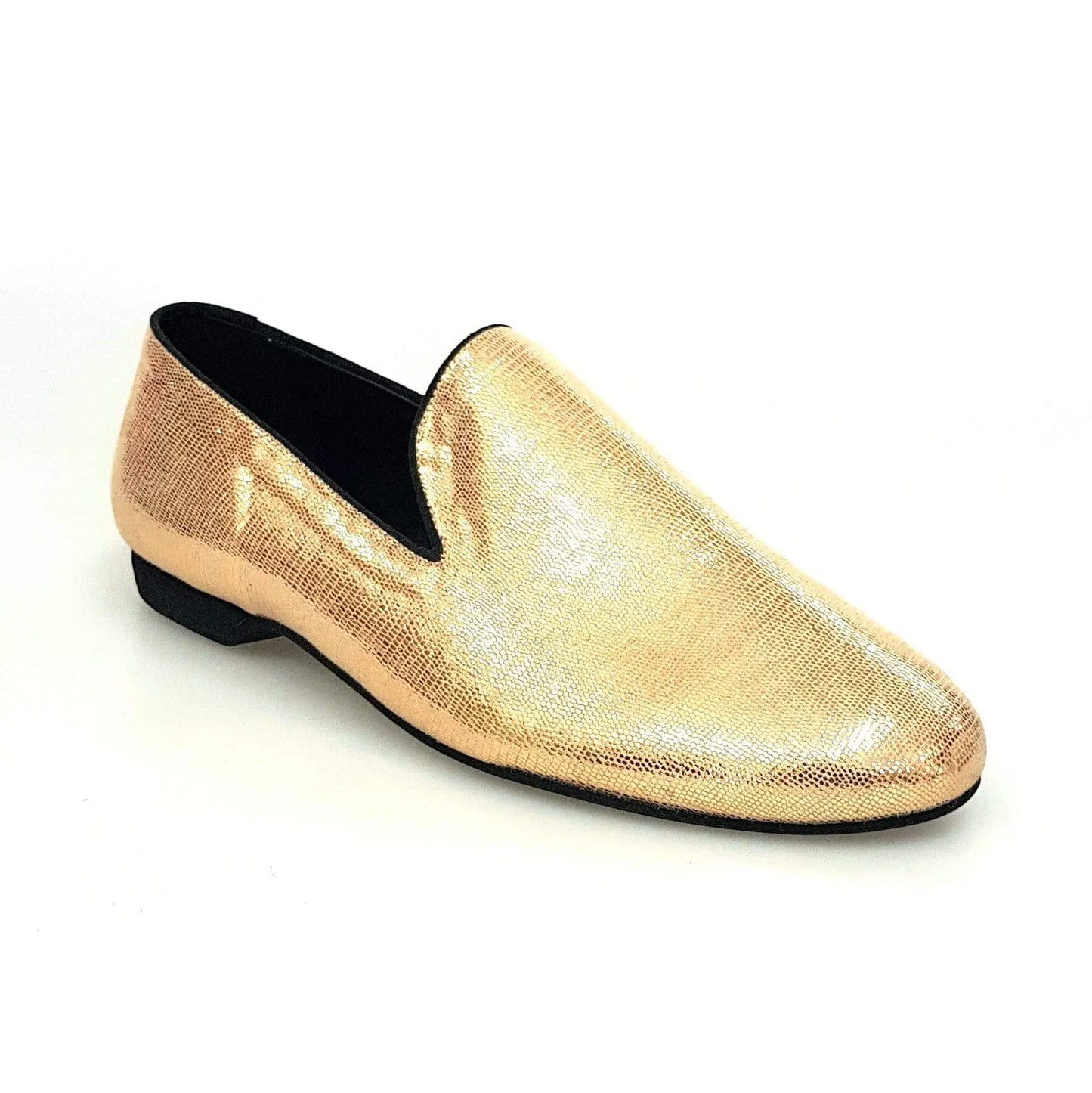 Mocassino da uomo Wish Dance Shop in pelle lavorata stile lucertola oro, scarpa elegante e di alta qualità.