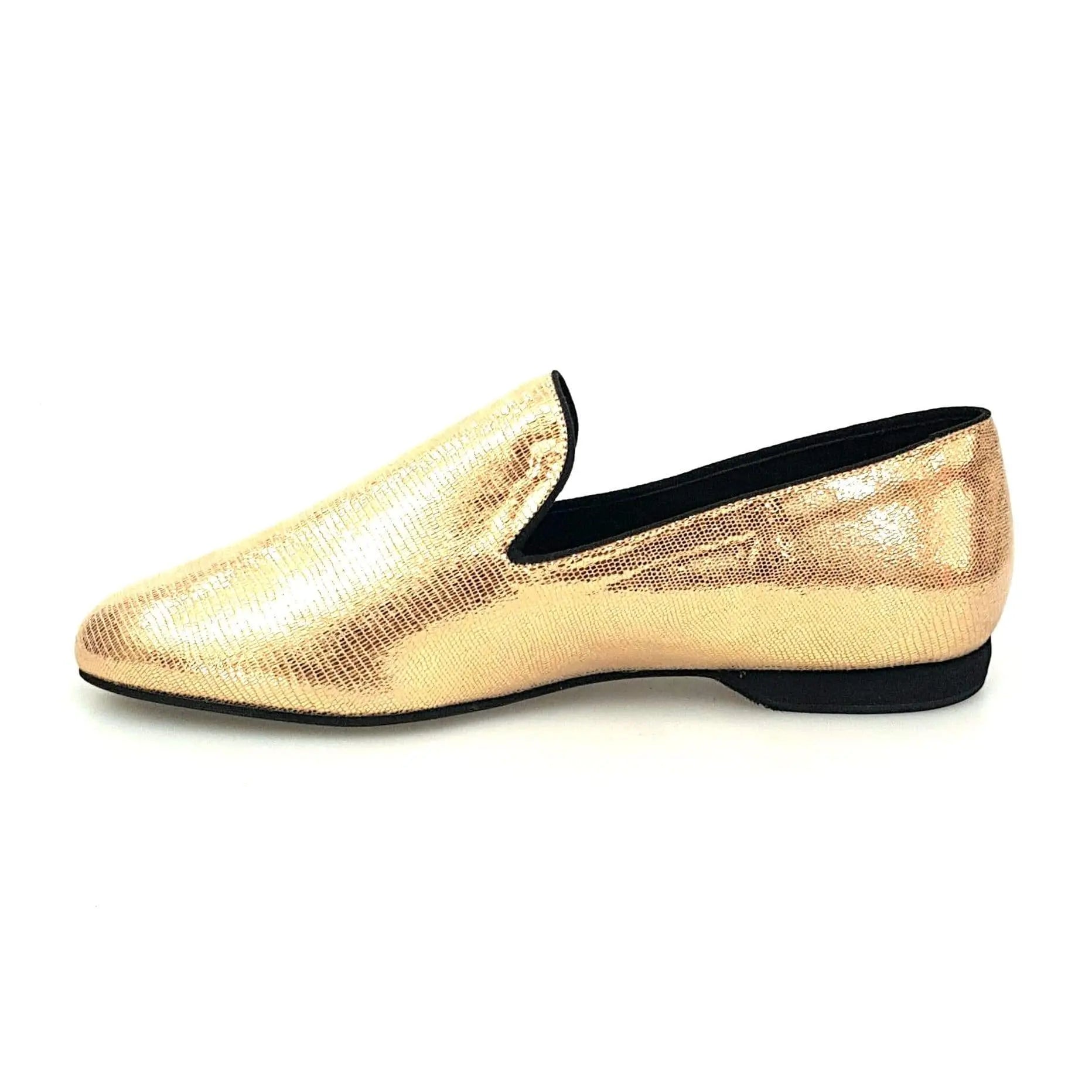 Mocassino da uomo Wish Dance Shop in pelle lavorata stile lucertola oro, elegante e sofisticato.