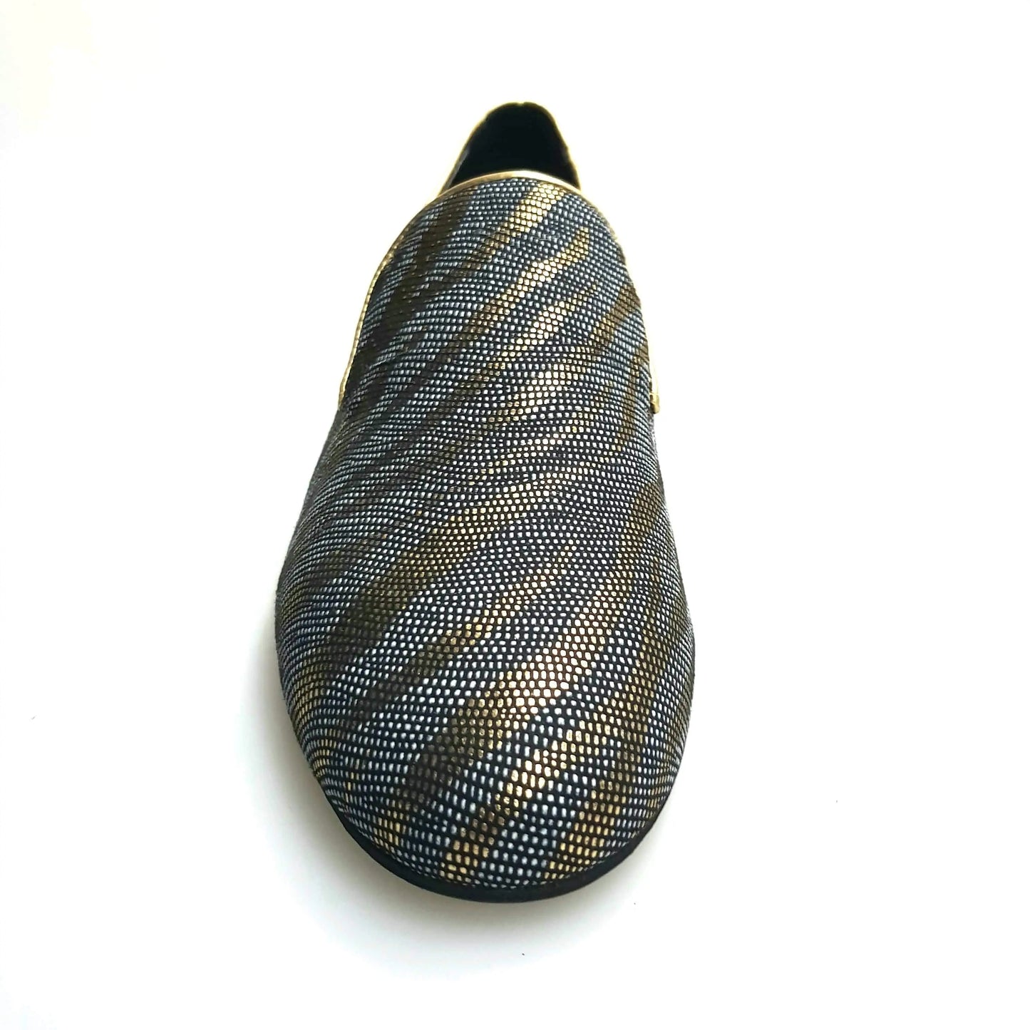 Mocassino da uomo Serse in lurex zebrato oro, scarpa elegante con dettagli lucidi e stile distintivo, marca Wish Dance Shop.