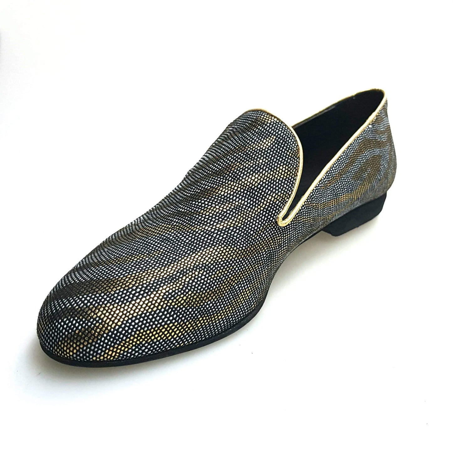 Mocassino da uomo Serse (800) in lurex zebrato oro, scarpa elegante con dettaglio lucido, modello Wish Dance Shop.
