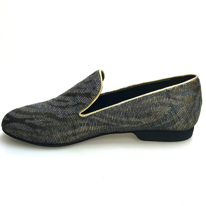 Scarpa mocassino da uomo Serse (800) in lurex zebrato oro, con dettagli eleganti e finitura lucida.