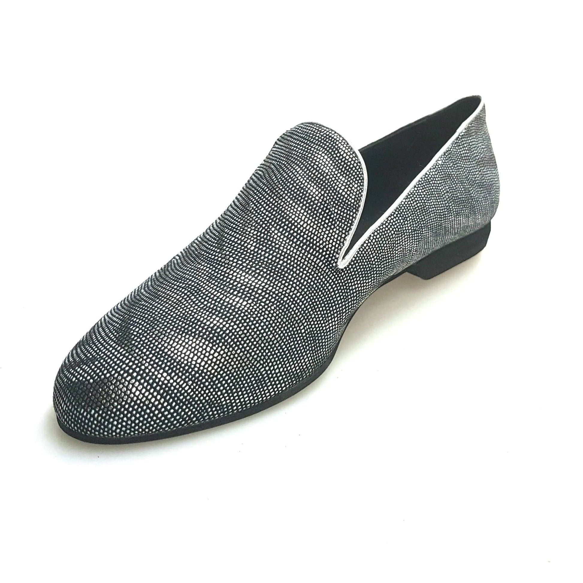 Mocassino da uomo in lurex con stampa zebrata argento, scarpa Wish Dance Shop, dettagli lucidi e stile elegante