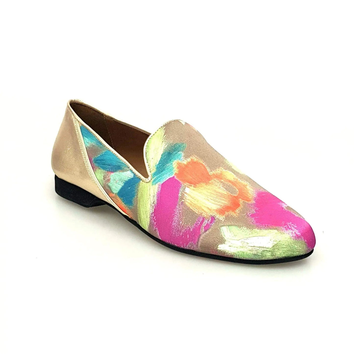 Mocassino uomo in tessuto verde con tallone in lurex oro, scarpa Wish Dance Shop con design Picasso e dettagli eleganti