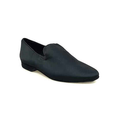 Scarpa da uomo in raso nero Outlet, mocassino elegante con finitura lucida e suola in gomma, ideale per occasioni formali.