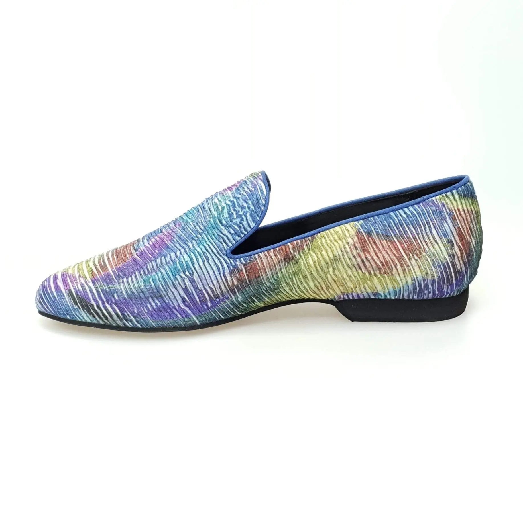 Scarpa mocassino da uomo Wish Dance Shop in tessuto blu con motivo ispirato a Van Gogh, stile artistico e dettagli eleganti.