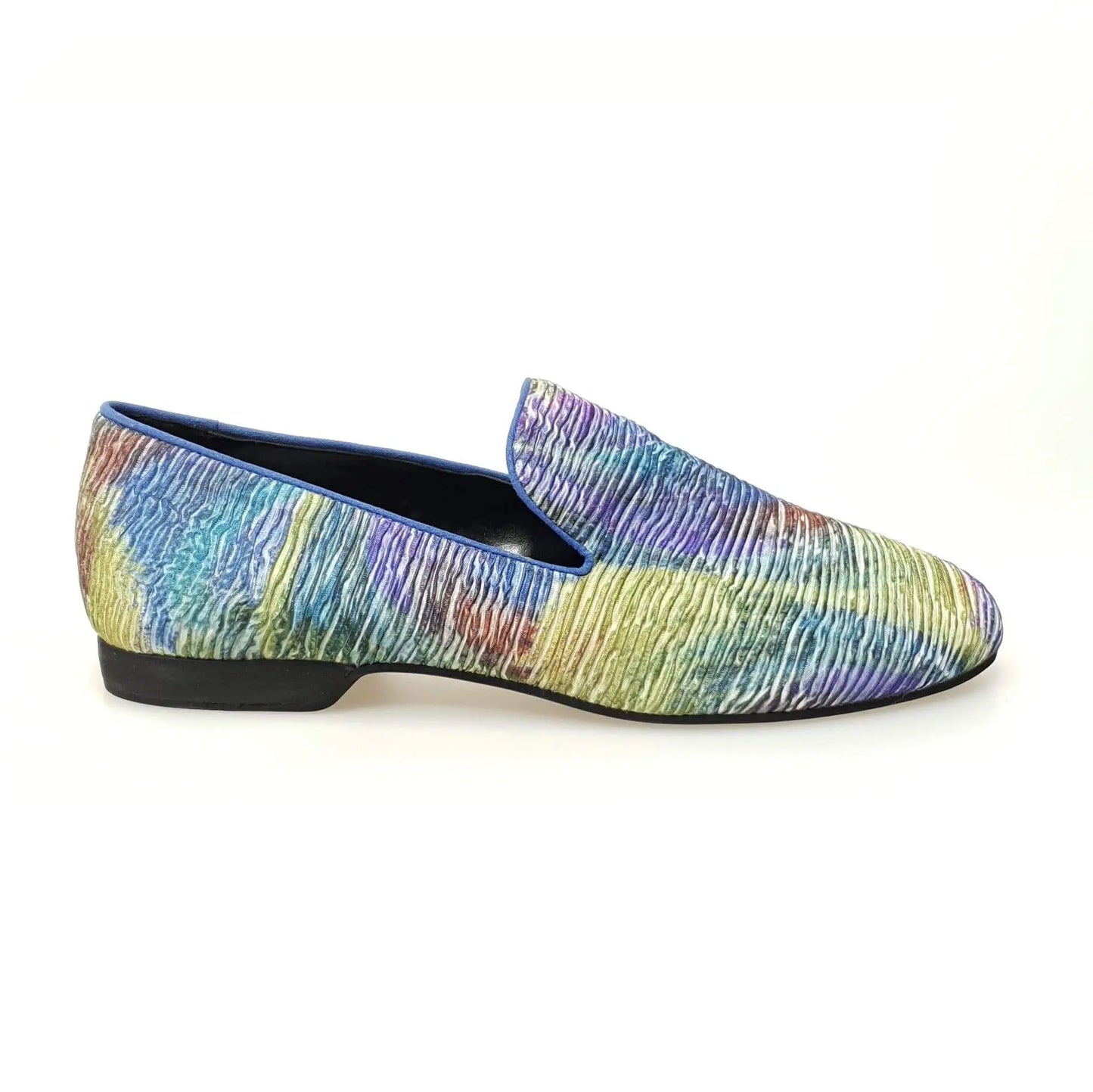 Scarpa mocassino da uomo Wish Dance Shop in tessuto blu con stampa ispirata a Van Gogh, stile artistico e dettagli lavorati.