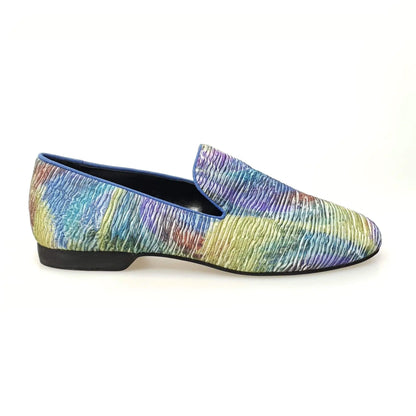 Scarpa mocassino da uomo Wish Dance Shop in tessuto blu con stampa ispirata a Van Gogh, stile artistico e dettagli lavorati.