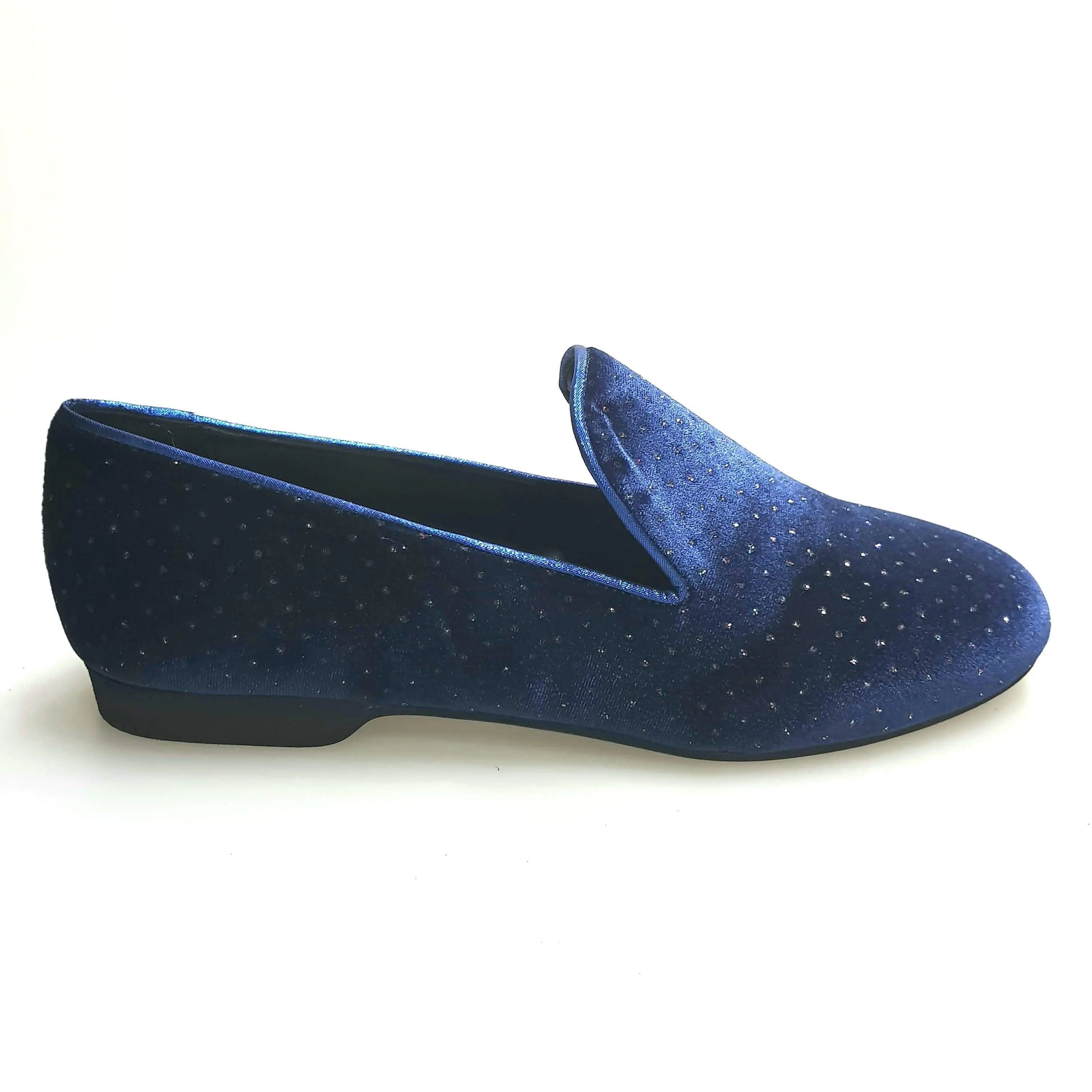 Scarpa mocassino da uomo Wish Dance Shop in velluto blu con dettaglio lucente e glitter, stile elegante e alla moda.
