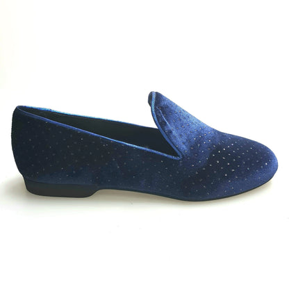 Scarpa mocassino da uomo Wish Dance Shop in velluto blu con dettaglio lucente e glitter, stile elegante e alla moda.