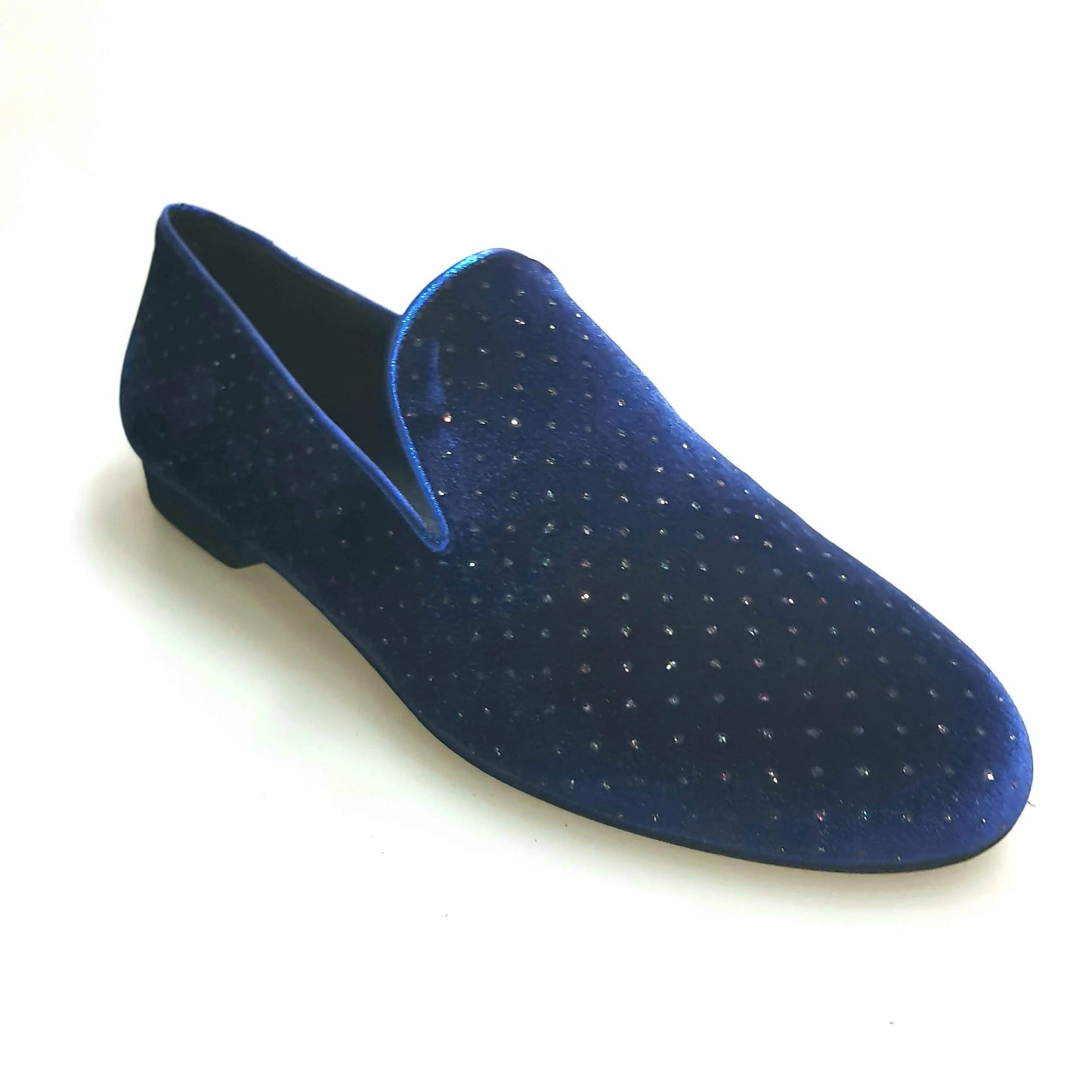Scarpa mocassino da uomo in velluto blu con effetto luce glitter, prodotto Wish Dance Shop.
