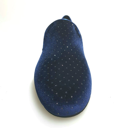 Scarpa mocassino da uomo Wish Dance Shop in velluto blu con dettagli lucidi e glitter, stile elegante e moderno.