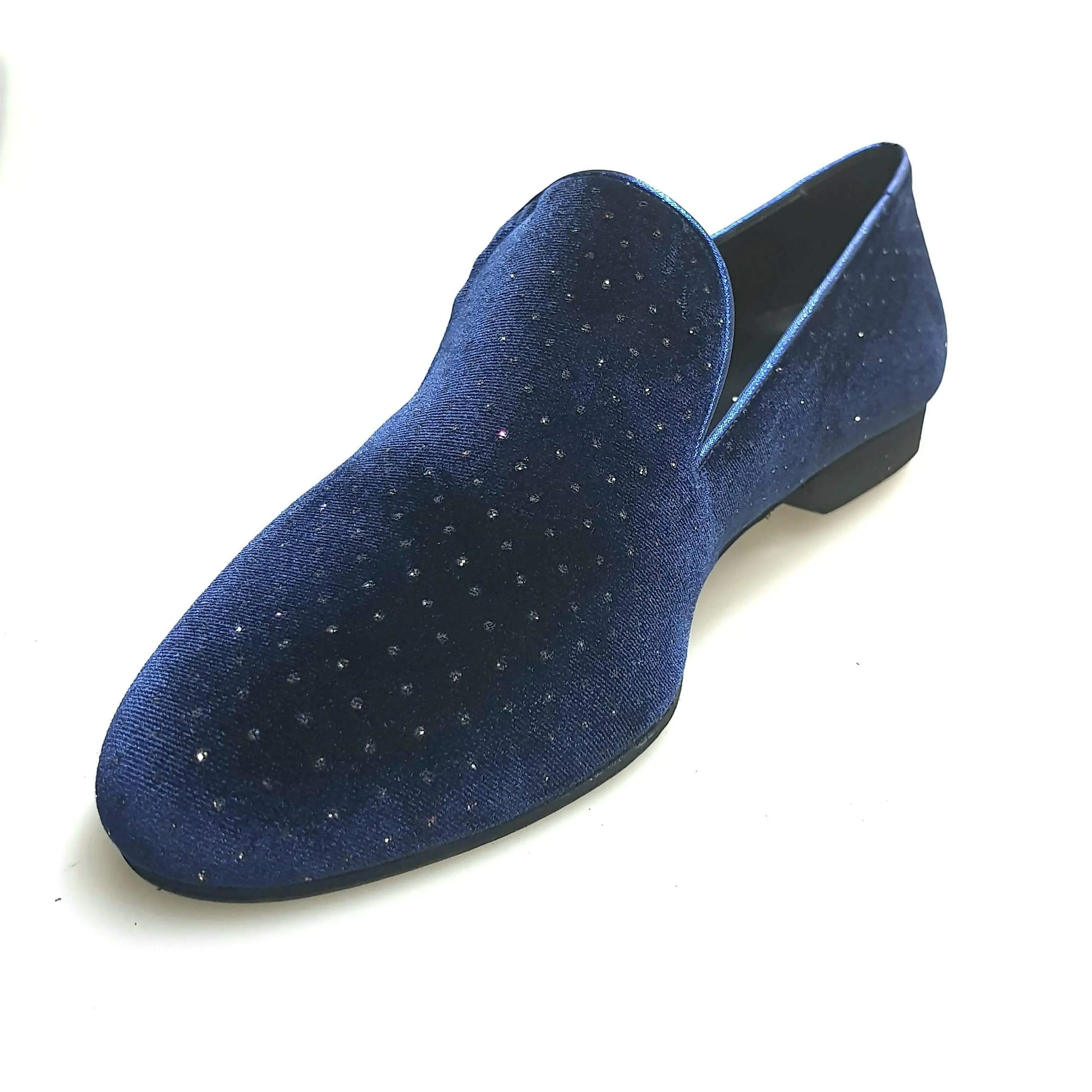 Mocassino da uomo in velluto blu con dettagli lucidi e glitter, scarpa Wish Dance Shop, stile elegante e moderno