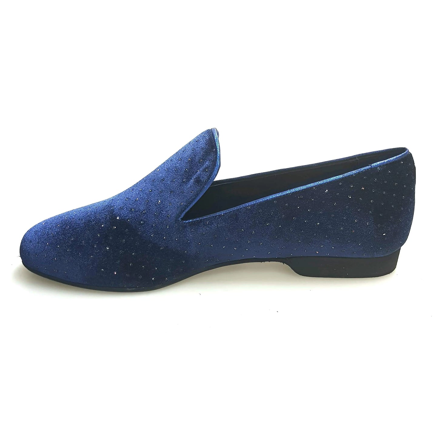 Scarpa mocassino da uomo in velluto blu con dettagli glitter, modello Serse (800) di Wish Dance Shop.