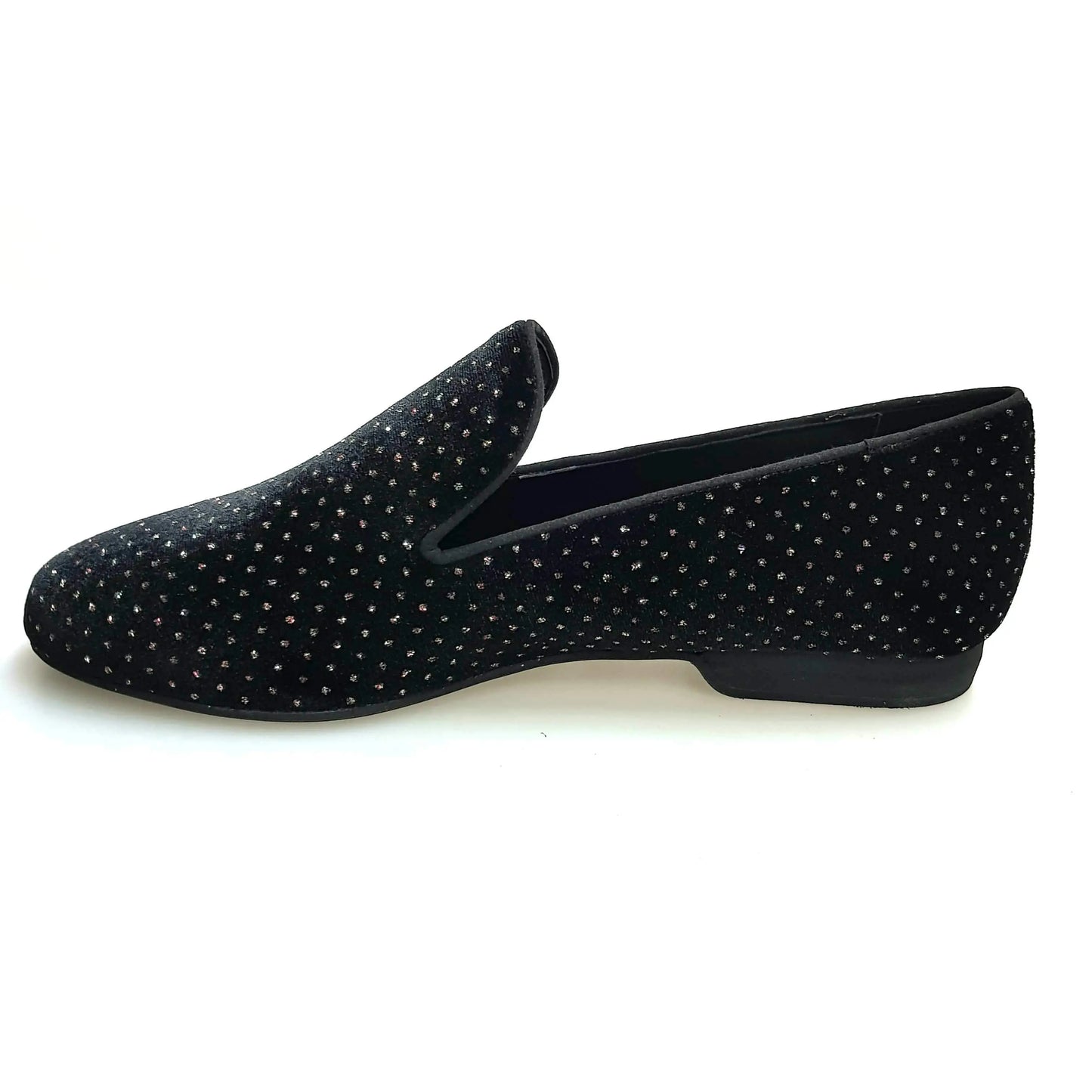 Scarpa mocassino da uomo Wish Dance Shop in velluto nero con dettaglio lucente e glitter, stile elegante e moderno.