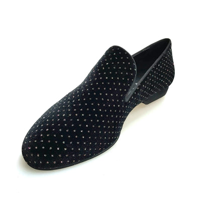 Scarpa mocassino uomo in velluto nero con dettagli glitter e luce, stile elegante e moderno, marca Wish Dance Shop