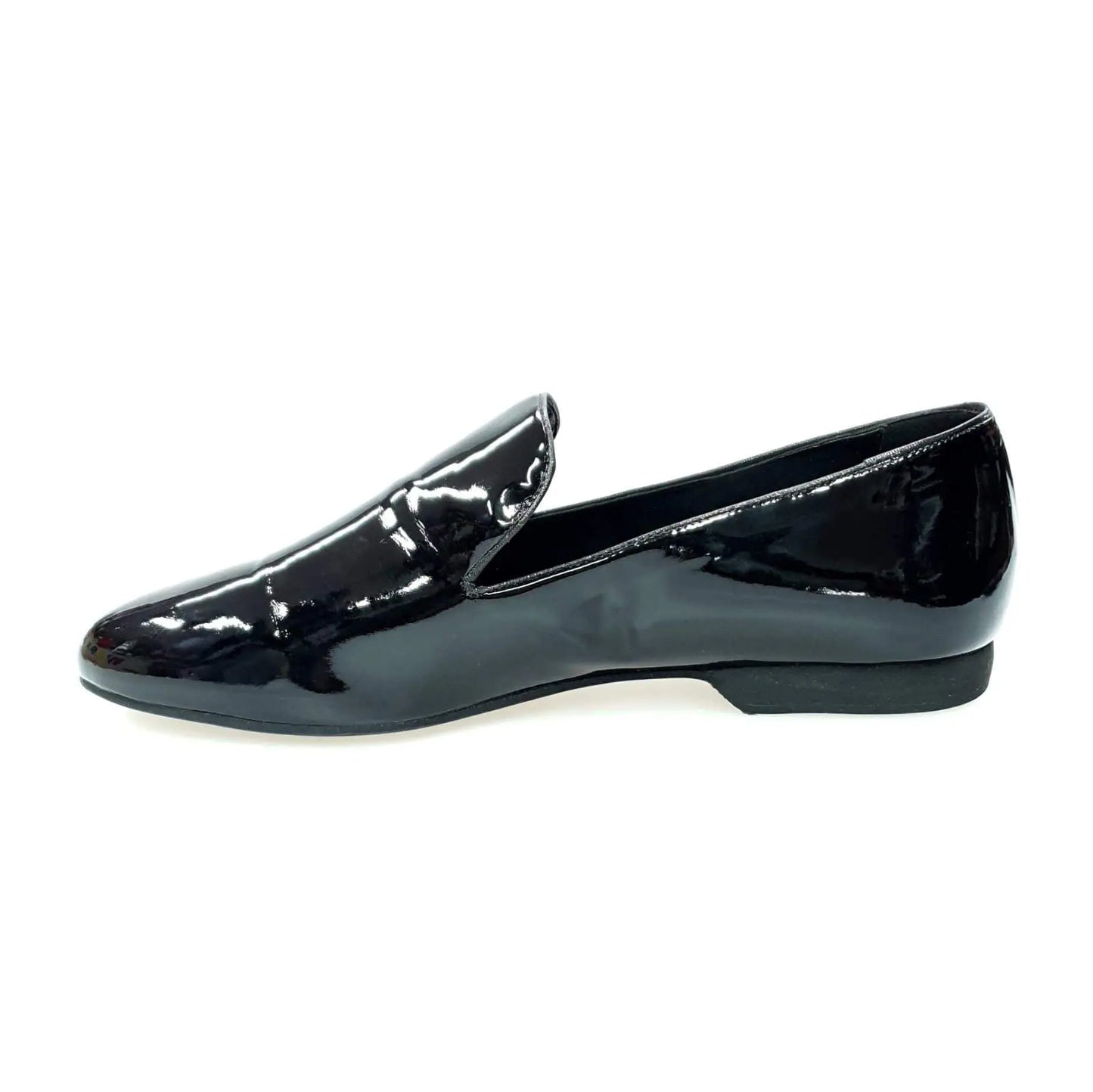 Scarpa mocassino da uomo Wish Dance Shop in vernice nera con profili neri, elegante e lucida, vista frontale.