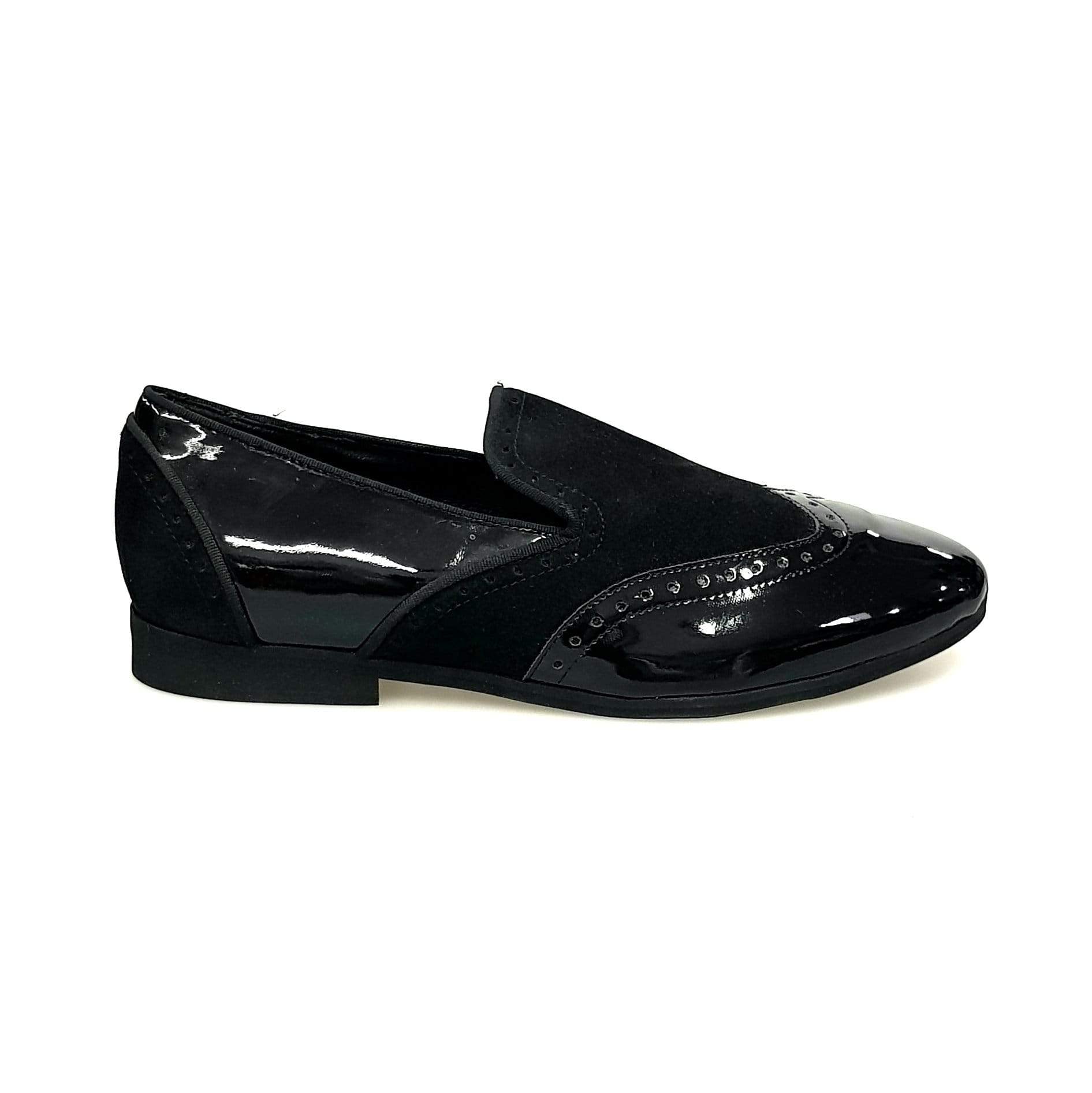 Mocassino uomo in vernice nera e camoscio nero, stile classico, con suola in gomma, marca Wish Dance Shop.